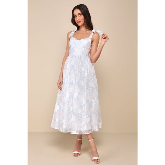 NWT Lulus Beautifully Adored White Floral Burnout Tie-Strap Midi Dress Sz XXL - Picture 1 of 8